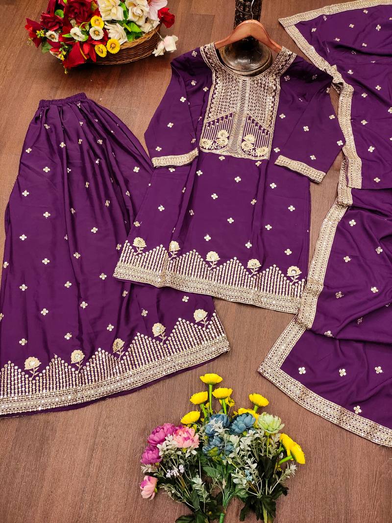 Purple festive wear designer natural crepe sequence embroidery work readymade suit