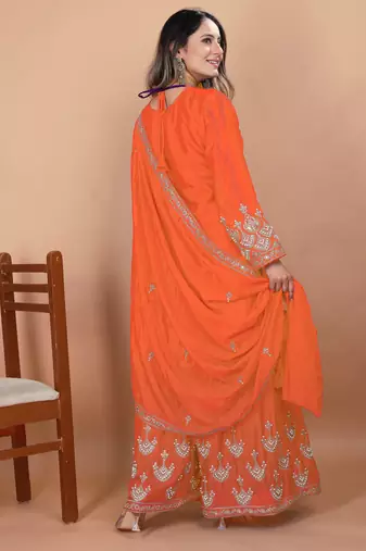 Orange festive wear designer chinon coding sequence embroidery work readymade suit