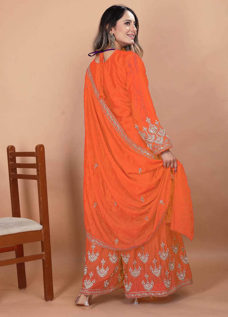 Orange festive wear designer chinon coding sequence embroidery work readymade suit