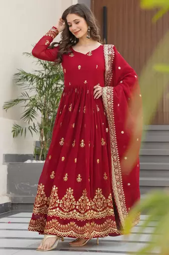 Maroon festive wear designer faux blooming georgette zari & sequins embroidered work readymade suit