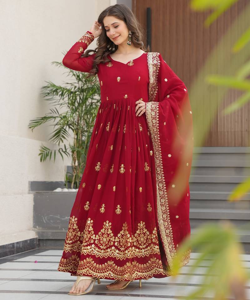 Maroon festive wear designer faux blooming georgette zari & sequins embroidered work readymade suit