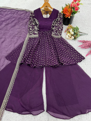 Wine festive wear designer crunchy silk embroidery sequence work readymade suit 4