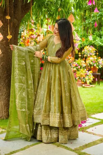 Green festive wear designer heavy crunchy silk heavy embroidery sequence work readymade suit