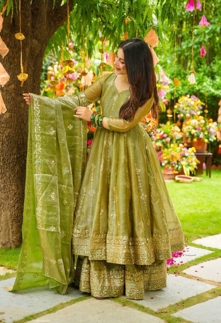 Green festive wear designer heavy crunchy silk heavy embroidery sequence work readymade suit