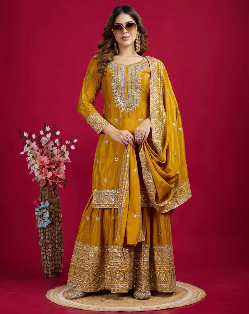 Yellow festive wear designer trendy elementary designer readymade suit collection