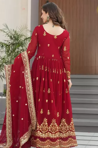 Maroon festive wear designer faux blooming georgette zari & sequins embroidered work readymade suit