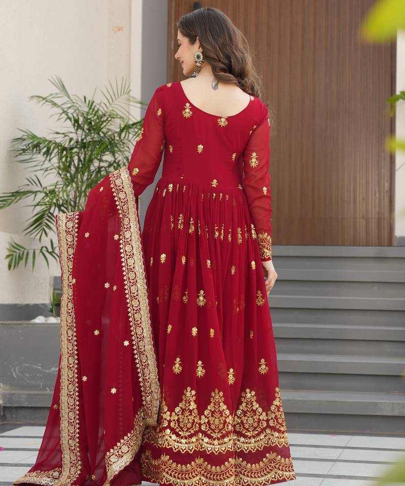 Maroon festive wear designer faux blooming georgette zari & sequins embroidered work readymade suit