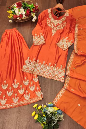 Orange festive wear designer chinon coding sequence embroidery work readymade suit