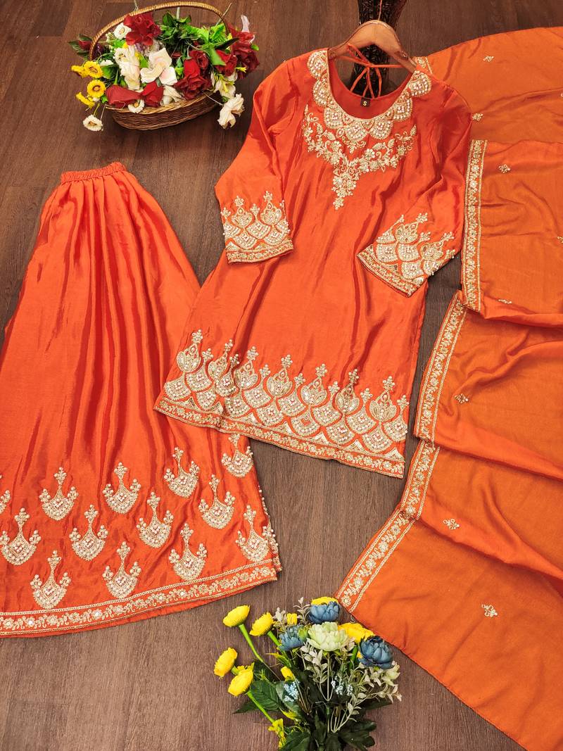 Orange festive wear designer chinon coding sequence embroidery work readymade suit