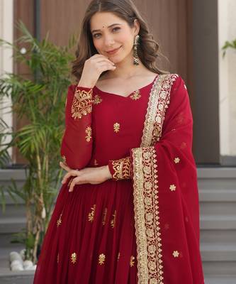 Maroon festive wear designer faux blooming georgette zari & sequins embroidered work readymade suit 4