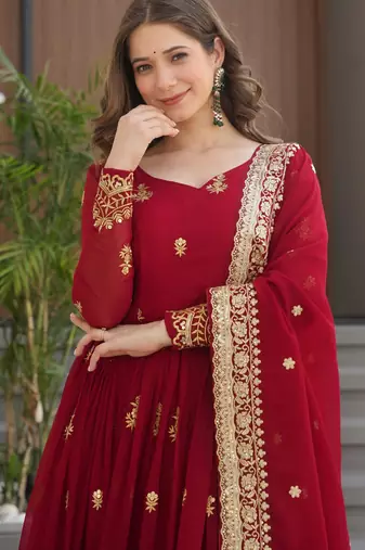 Maroon festive wear designer faux blooming georgette zari & sequins embroidered work readymade suit