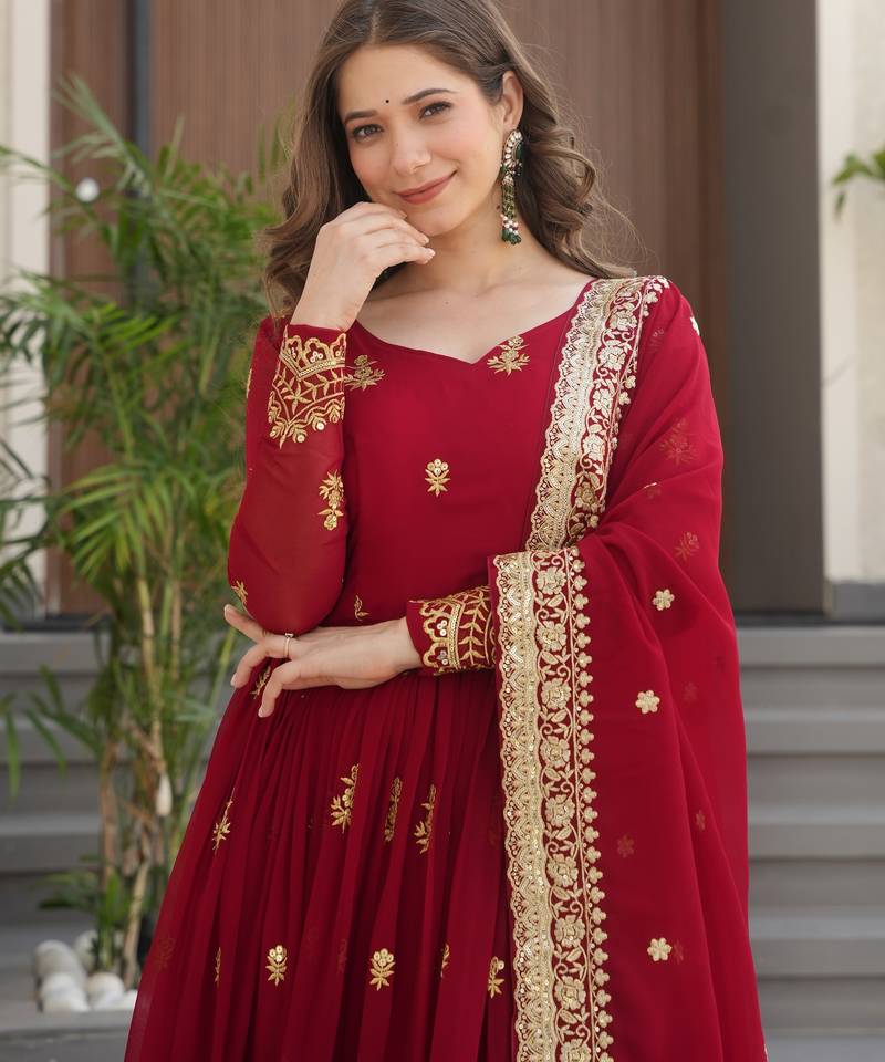 Maroon festive wear designer faux blooming georgette zari & sequins embroidered work readymade suit