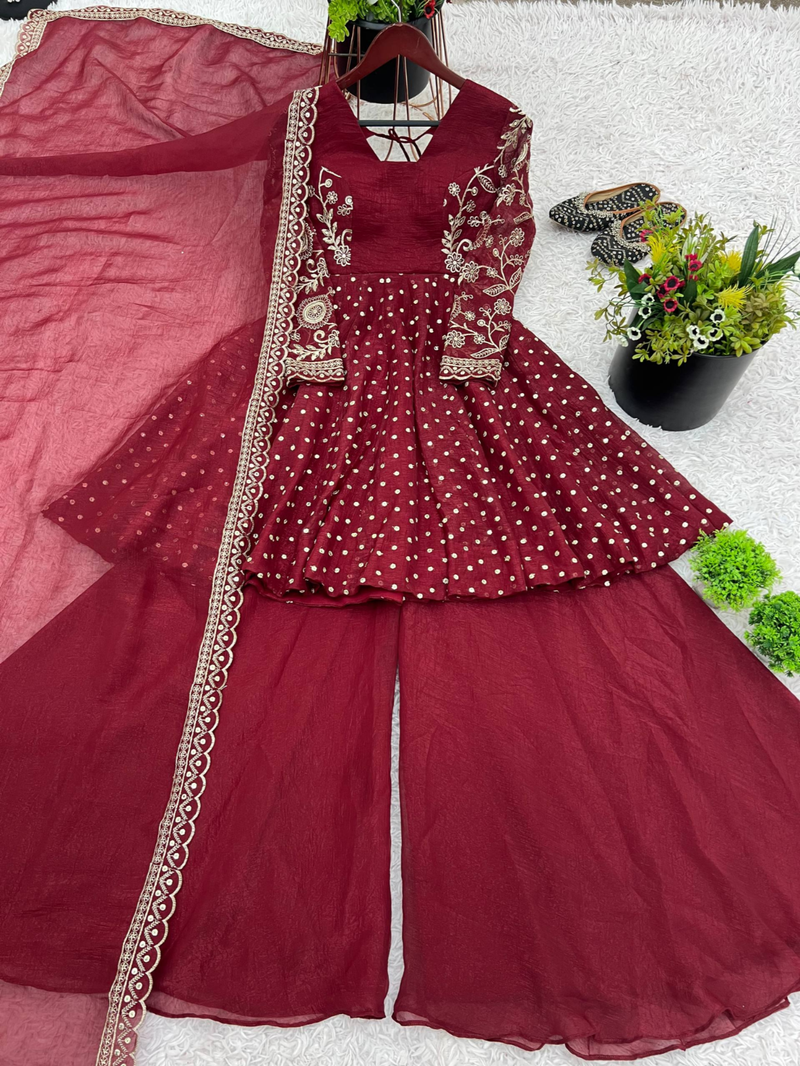 Maroon festive wear designer crunchy silk embroidery sequence work readymade suit