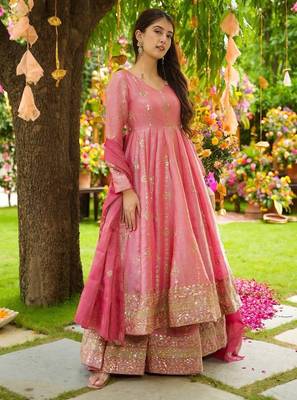 Pink festive wear designer heavy crunchy silk heavy embroidery sequence work readymade suit 2