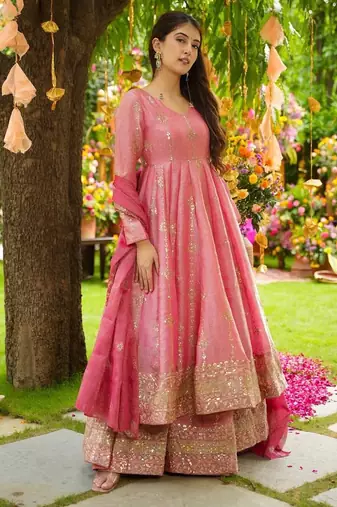 Pink festive wear designer heavy crunchy silk heavy embroidery sequence work readymade suit