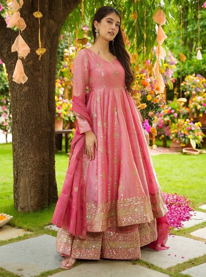Pink festive wear designer heavy crunchy silk heavy embroidery sequence work readymade suit
