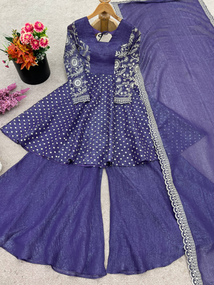 Purple festive wear designer crunchy silk embroidery sequence work readymade suit 3