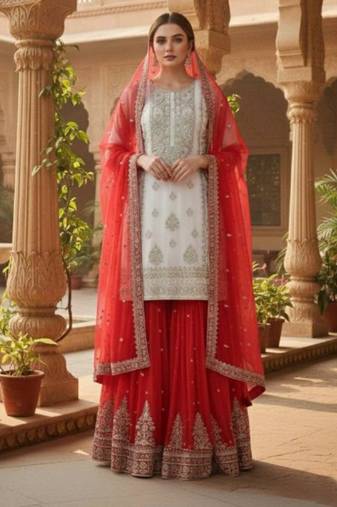 White festive wear designer pure heavy georgette embroidery sequence work readymade suit