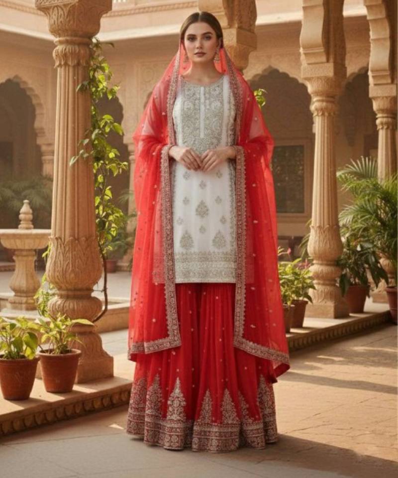 White festive wear designer pure heavy georgette embroidery sequence work readymade suit