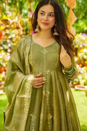 Green festive wear designer heavy crunchy silk heavy embroidery sequence work readymade suit