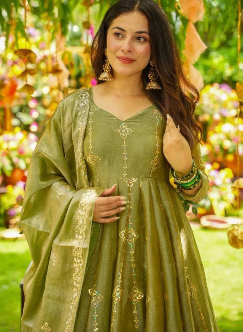 Green festive wear designer heavy crunchy silk heavy embroidery sequence work readymade suit