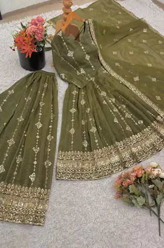Green festive wear designer heavy crunchy silk heavy embroidery sequence work readymade suit