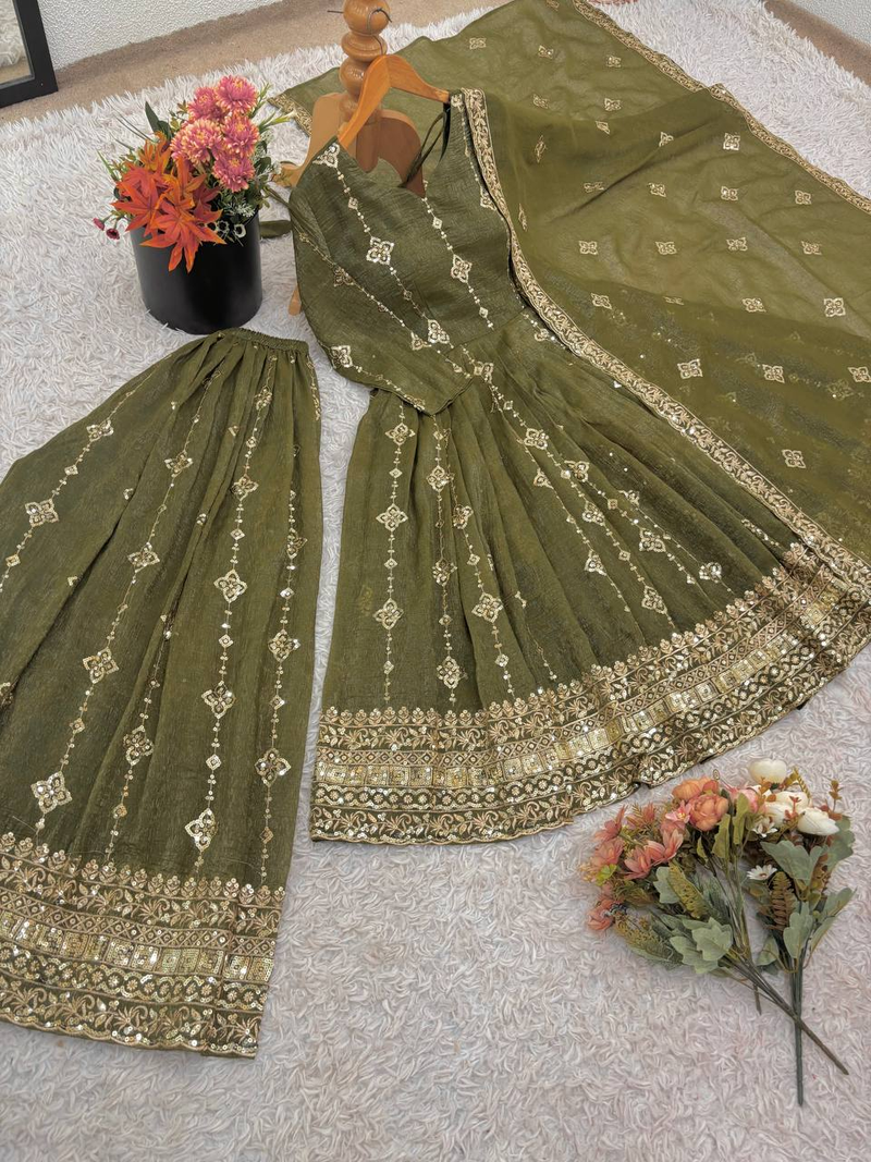 Green festive wear designer heavy crunchy silk heavy embroidery sequence work readymade suit