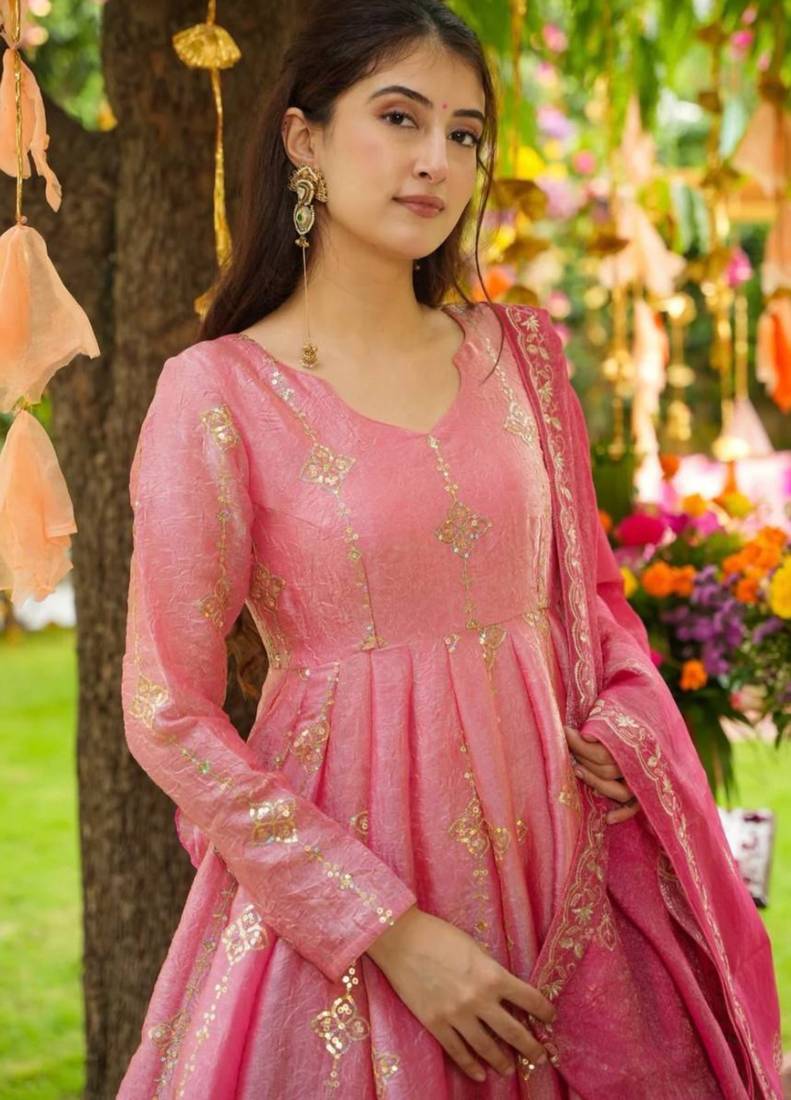 Pink festive wear designer heavy crunchy silk heavy embroidery sequence work readymade suit