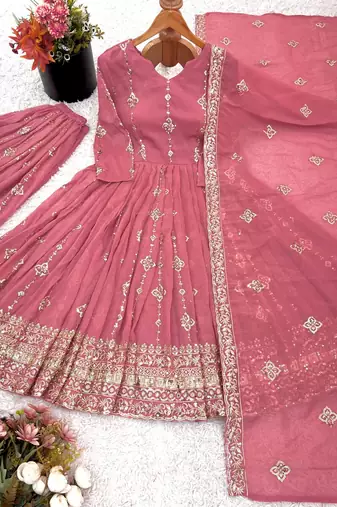 Pink festive wear designer heavy crunchy silk heavy embroidery sequence work readymade suit
