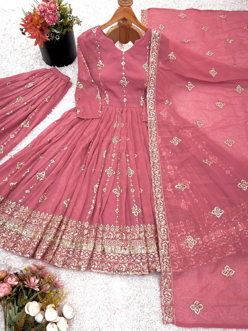 Pink festive wear designer heavy crunchy silk heavy embroidery sequence work readymade suit