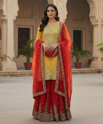 Yellow festive wear designer pure heavy georgette embroidery sequence work readymade suit 1