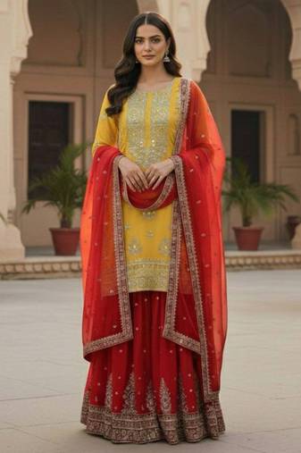 Yellow festive wear designer pure heavy georgette embroidery sequence work readymade suit
