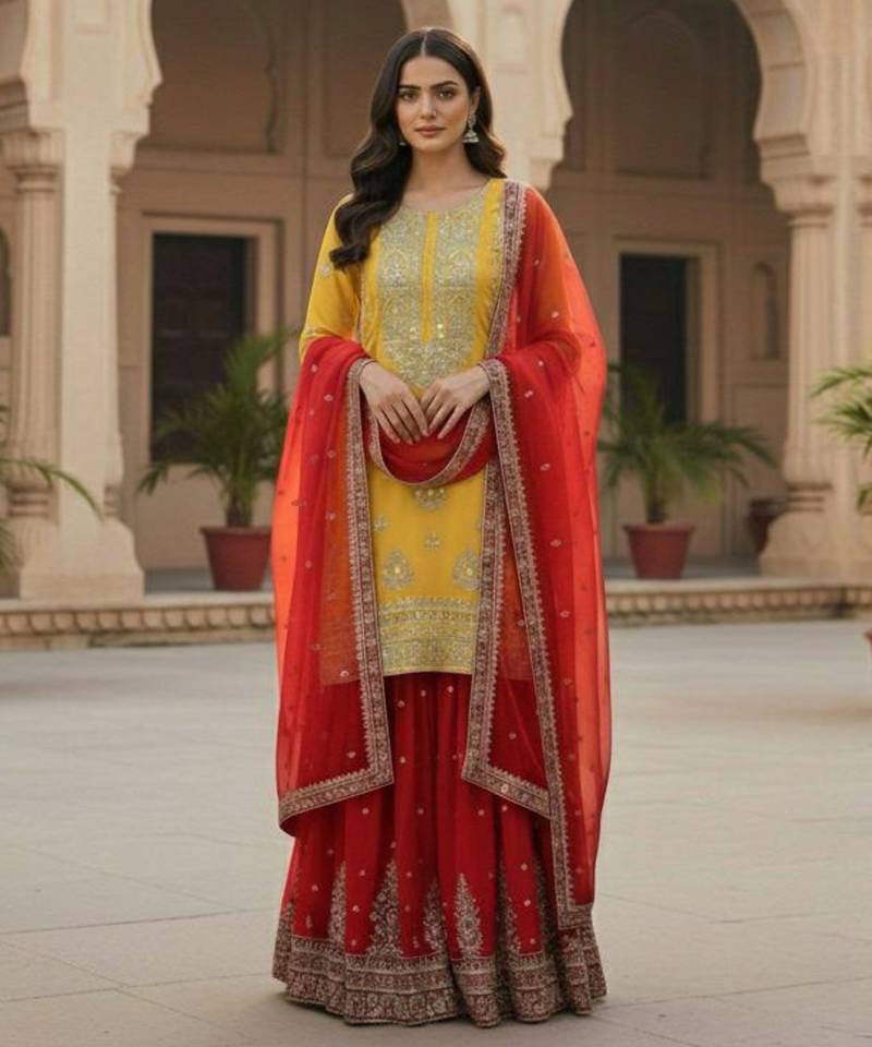 Yellow festive wear designer pure heavy georgette embroidery sequence work readymade suit