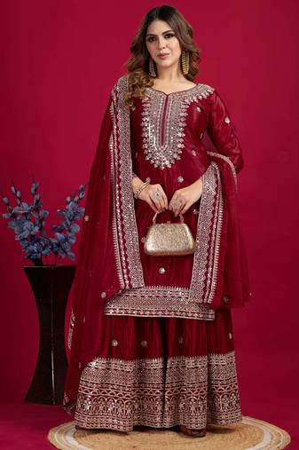 Maroon festive wear designer trendy elementary designer readymade suit collection