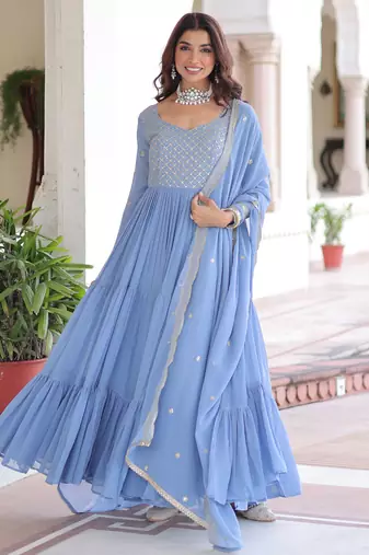 Sky blue festive wear designer faux georgette sequins & zari embroidered work readymade suit