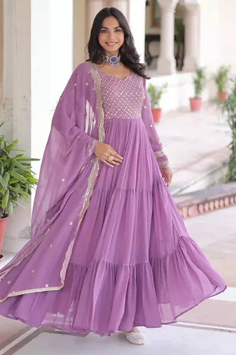 Lavender festive wear designer faux georgette sequins & zari embroidered work readymade suit