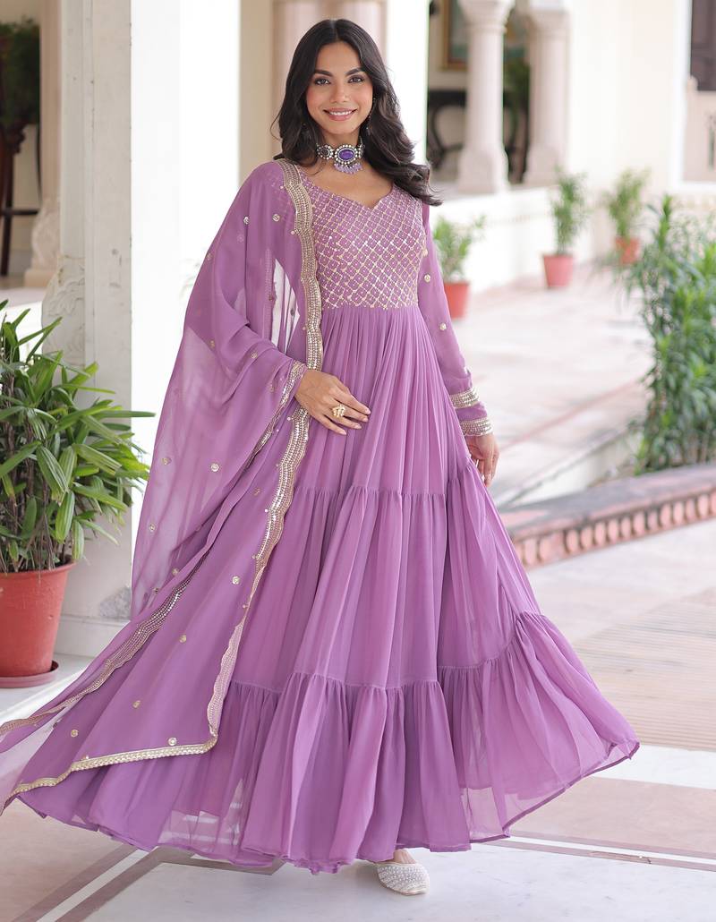 Lavender festive wear designer faux georgette sequins & zari embroidered work readymade suit