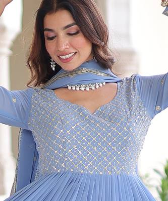 Sky blue festive wear designer faux georgette sequins & zari embroidered work readymade suit 2