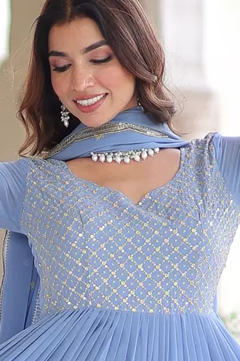 Sky blue festive wear designer faux georgette sequins & zari embroidered work readymade suit