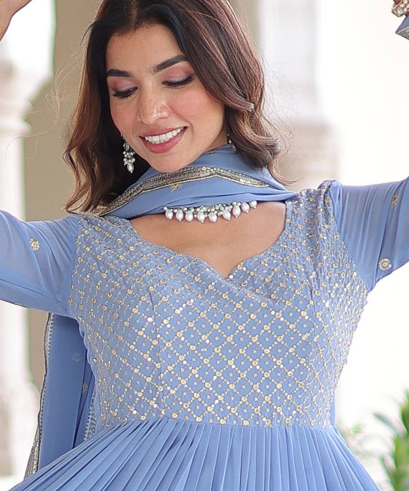 Sky blue festive wear designer faux georgette sequins & zari embroidered work readymade suit