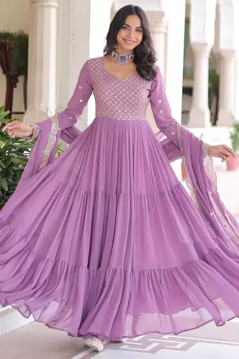 Lavender festive wear designer faux georgette sequins & zari embroidered work readymade suit