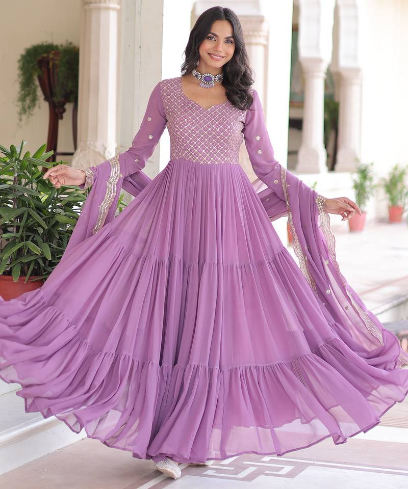 Lavender festive wear designer faux georgette sequins & zari embroidered work readymade suit