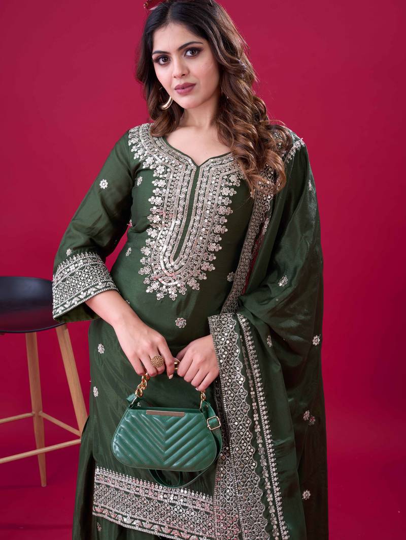 Green festive wear designer trendy elementary designer readymade suit collection