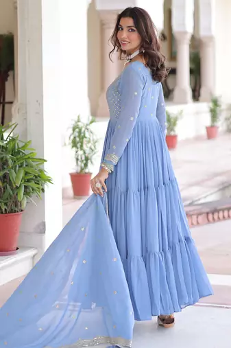 Sky blue festive wear designer faux georgette sequins & zari embroidered work readymade suit