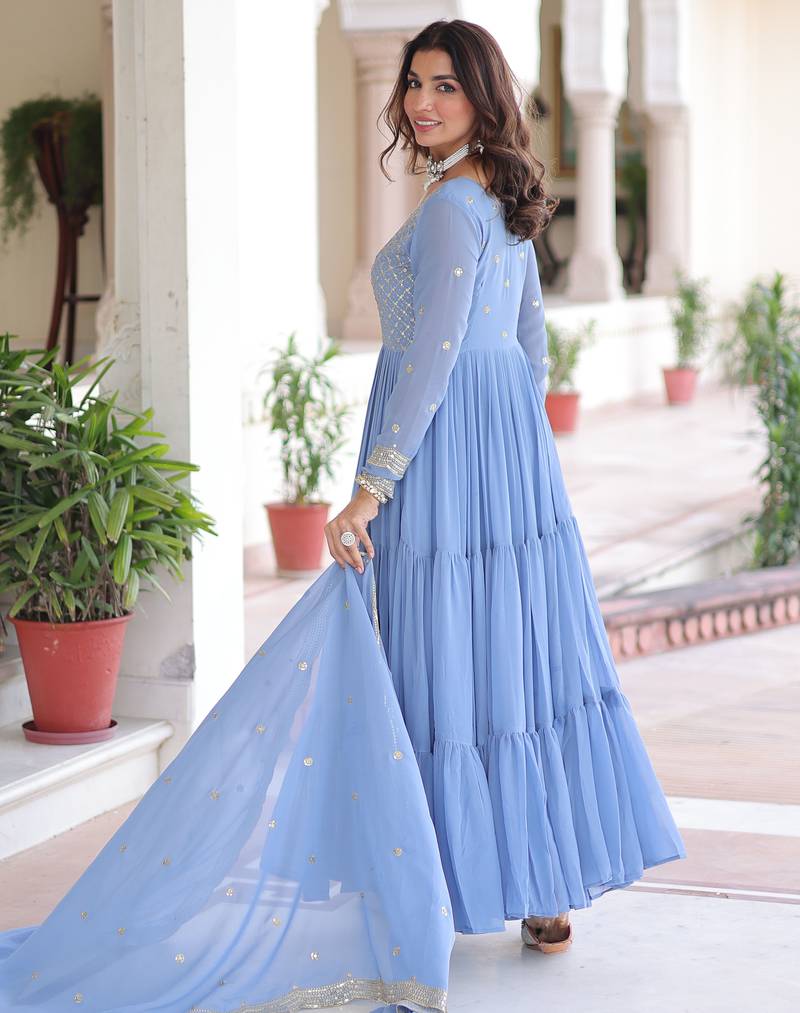 Sky blue festive wear designer faux georgette sequins & zari embroidered work readymade suit