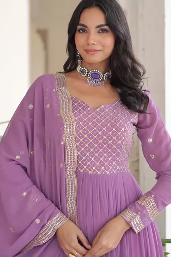 Lavender festive wear designer faux georgette sequins & zari embroidered work readymade suit