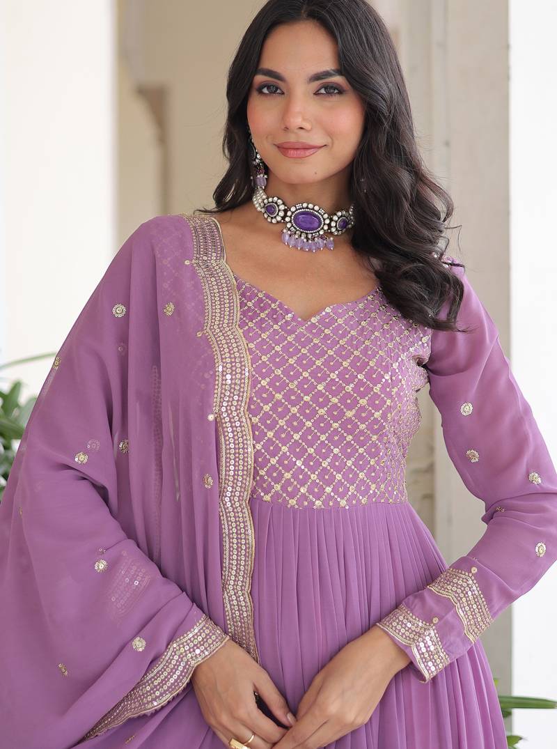 Lavender festive wear designer faux georgette sequins & zari embroidered work readymade suit
