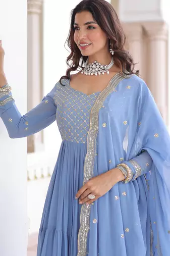 Sky blue festive wear designer faux georgette sequins & zari embroidered work readymade suit