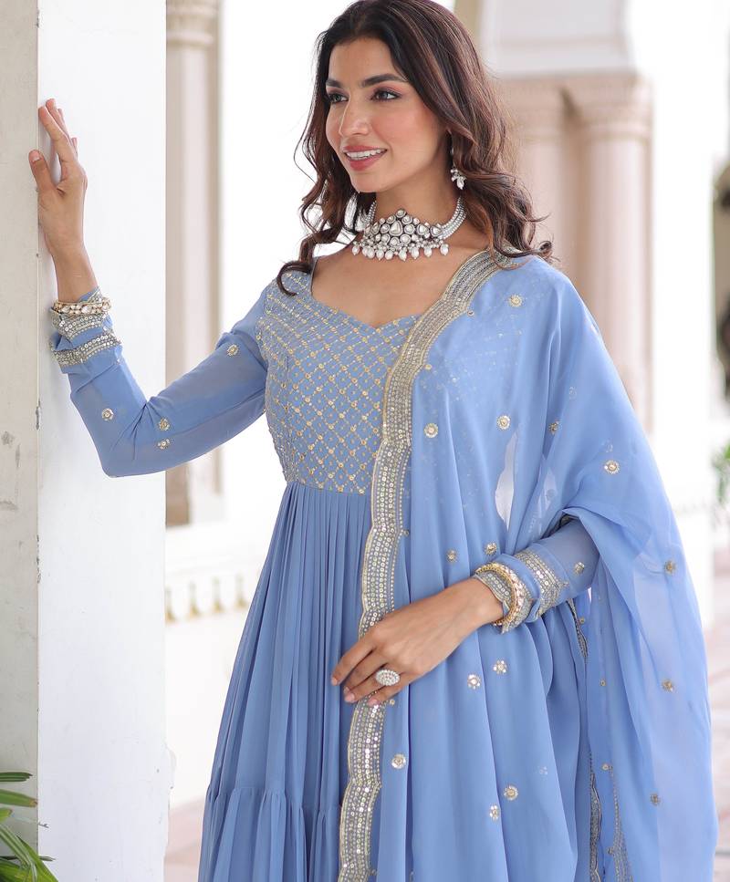 Sky blue festive wear designer faux georgette sequins & zari embroidered work readymade suit