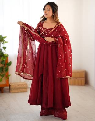 Maroon festive wear designer crunchy silk embroidery work readymade suit 1